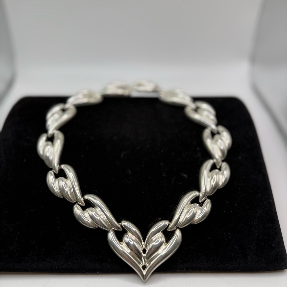 Vintage Silver Tone Heart Link Collar Necklace 15.5” Heavy Statement